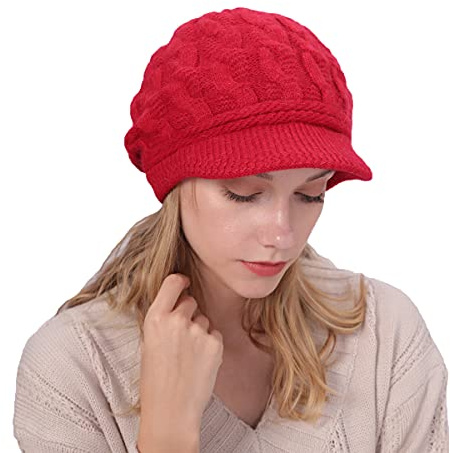 Gajaous Vinterfodrad baskmössa, stickad ballongmössa, varm slouchy-mössa med visir, röd, En Storlek