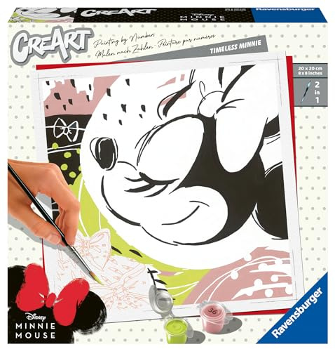 Ravensburger CreArt Disney Micky Maus Timeless Minnie - Malen nach Zahlen | Disney Micky Maus DIY Malset mit Pinsel und Acrylfarben, 20 x 20 cm, Geschenk für Frauen und Männer