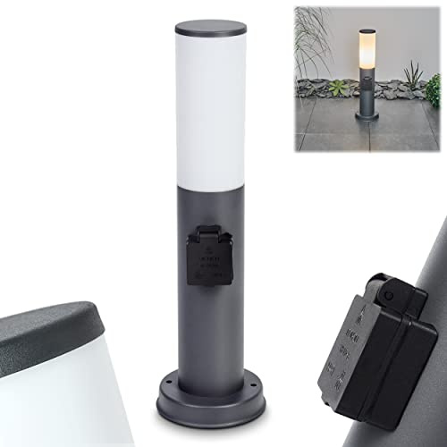 Lampe de socle extérieur Caserta, lampe en métal anthracite avec un abat jour en plastique blanc, luminaire modern disposant de 1 prises de courant avec couvercle de protection, E27, sans ampoules