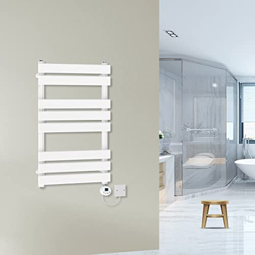 Warmehaus Prefilled 800x500mm Flat Electric Heated Towel Rail White 400W | Thermostatic Bathroom Radiator, LCD Display, Timer, T Piece, Wall Mounted