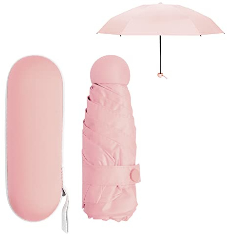 paraply litet för kvinnor män barn, 6 ribbor starka kompakt med fodral, vikbart UV-skydd UPF50+ vindtätt lätt, fickparaply mini för resor, ROSA, Klein