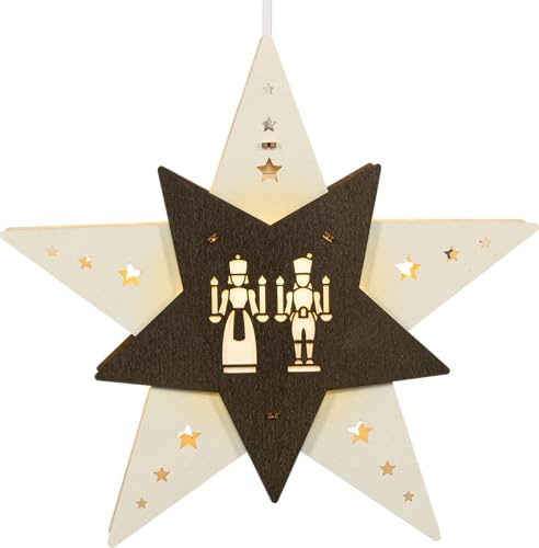weigla - Fensterbild original Erzgebirge Stern Engel & Bergmann I Weihnachtsdeko Fenster I 1 LED Lampe I 0,8 W, E14 I Fensterbild Weihnachten I Weihnachtsbeleuchtung Holz I Fensterdeko hängend
