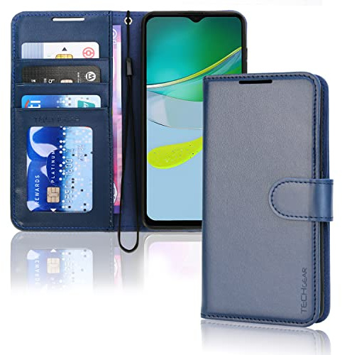 TECHGEAR Étui Moto E13 en Cuir, Housse Portefeuille en Cuir avec Rabat de Protection, Fentes pour Cartes, Béquille et Dragonne, Coque Faux Cuir PU Bleu Compatible avec Motorola Moto E13