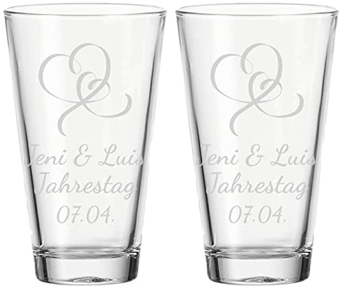 LUXENTU Trinkglas mit Gravur, Herzen geschwungen, 300 ml, 2 Stück | Personalisierte Softdrinkgläser für Hochzeiten, Hommage an die Liebe, Spülmaschinenfest