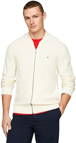 Tommy Hilfiger Herren Strickjacke Cardigan mit Reißverschluss Zipper, Weiß (Calico), 3XL