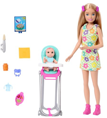 Barbie Skipper Muñeca niñera con Trona, bebé y Accesorios para su Cuidado, Juguete +3 años (Mattel HTK35)