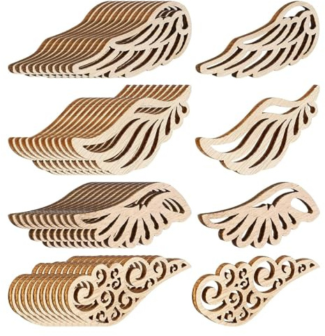 MsTeco 80 Stück Natur Holzscheiben Engelsflügel Streudeko 4 Stile | Dekoration aus Holz Holzhandwerk Engel Flügel deko für DIY Basteln Handwerk Weihnachten Hochzeit Geburtztag Deko