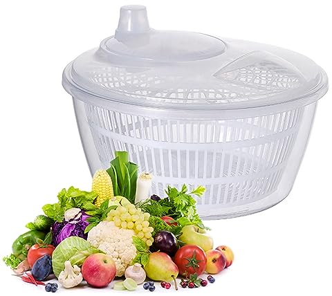 KYOFIS Salatschleuder, Salatreinigerschleuder mit transparenter Servierschüssel, Siebkorb, einfaches Abflusssystem for Obst, Salat, Grün(White)