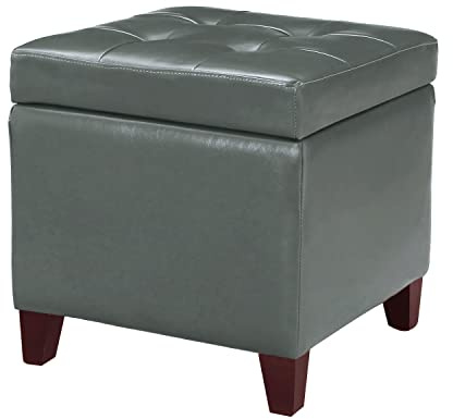 Adeco 18 Square Storage Ottoman with Hinged Lid, Waterproof Faux Leather Tufted Footstool, Sturdy Cube Seat for Living Room, Bedroom & Entryway, Supports 250lbs, Cement Grey