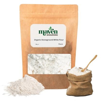 Maven Wholefoods Organic Stoneground White Flour 5kg | Unbleached & Natural | GMO Free | High Fibre & Protein | Vegan Friendly | Ideal for Bread, Cakes, Cookies & Baking | Packed in Resealable Bag