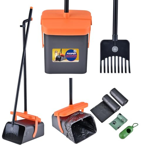ilongood Dog Pooper Scooper for Large Dogs, 46 Long Handle Adjustable Pooper Scooper for Large Dogs，Dog Pooper Scooper with 55 Waste Bags，Large Capacity Swivel Bin & Rake