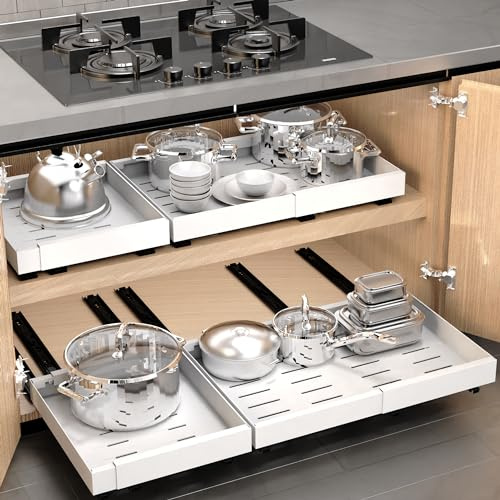 WISD Teleskopschublade - Ausziehbarer Schrank Organizer Mit 3 Schienen - Kein Bohren - Verstellbare Breite (32-48cm) - Schrank Schubladen Ausziehbar für Küche, Speisekammer, Bad (Weiß, 2 Stück)