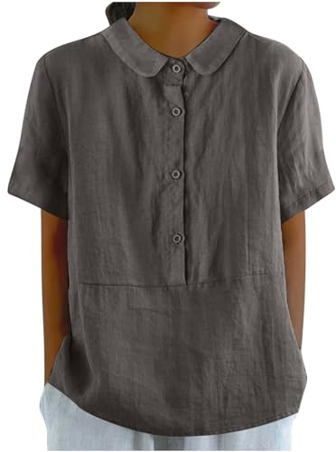 Angxiwan Today 2024 Going Out Tops for Women UK Linen Shirts for Women Short Sleeve Button Down up Shirt Casual Collared V Neck Cheap Gifts for Women Grey