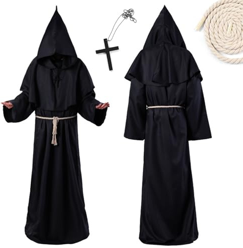 Costume da monaco, Costume da Monaco Medievale, Abito da Mago per Adulto, Nero Abito Talare Costume, Mantello con Cappuccio, con Collana e Corda in Vita, per feste Cosplay, Halloween, Carnevale