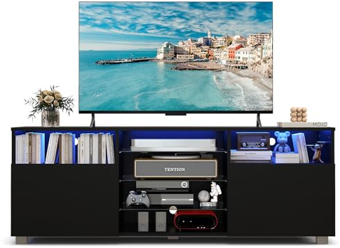 CASART LED TV Stand Cabinet for 65 inch TVs, 146cm Modern TV Unit with Adjustable Glass Shelves, 20 RGB Light Colors, Adjustable Brightness & Speed, Entertainment Center for Living Room (Black) | Adjustable Glass Shelves, 20 RGB Light Colors, Adjustable Brightness & Speed, Entertainment Center for Living Room