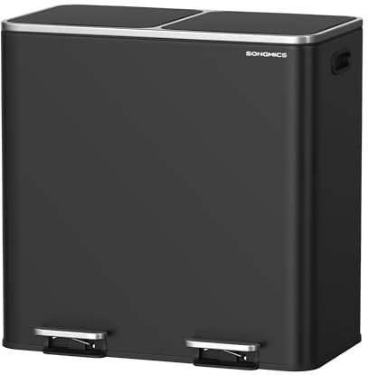 SONGMICS Mülleimer 2 x 40 l Mülleimer für die Küche, mit 15 Müllbeuteln, 2 Fächern, Kunststoff-Inneneimer und Klappdeckel, luftdicht, schwarz ULTB730B80