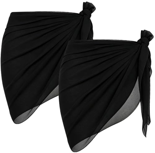 2 Pièces Pareo Femme Plage, Mousseline Wrap de Plage, Sarong Paréo Cache-Maillot Couverture de Bikini Jupes Wrap Beachwear Semi Transparent pour Maillot de Bain(Noir)