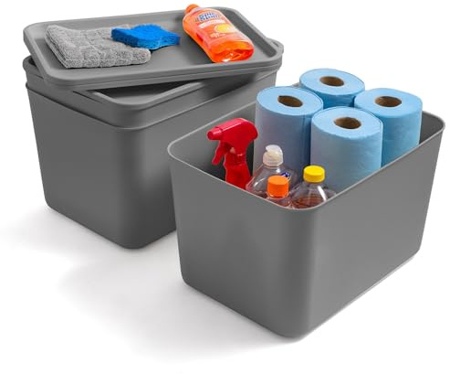 Iris Ohyama, Lot de 3 Boites de Rangement en Plastique avec Couvercle non Clipsable, Empilables, pour Cuisine, Salle de Bain, Chambre, Placard, Bureau, Organisation Solide & Durable, SNL-MD