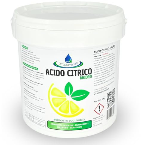 acquaverde | Acido Citrico in Polvere, Naturale ed Ecologico, Puro al 100% per Pulizia e Igiene della Casa, Multiuso: Ammorbidente, Anticalcare, Disincrostante, Brillantante, Decalcificante - 5 kg