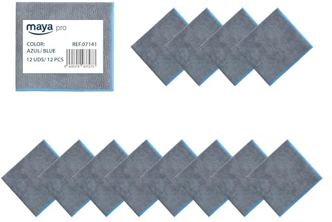 Maya - Bayetas de Microfibra para Limpieza sin Dejar Rayas | 36x38 cm | Pack de 12 Paños Fast 270G Antibacterias para Cocina, Cristales y Acero Inoxidable (Gris/Azul)