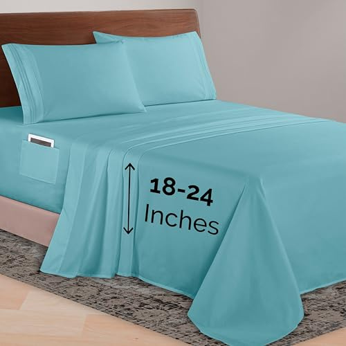 Elegant Comfort Luxurious 1500 Premium Hotel Quality Microfiber 4-Piece Sheet Set, 18-24 Inches Deep - Extra Deep Pocket Sheets - Ultra Soft 4PC Deep Pocket Sheets, Full, Aqua Blue