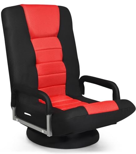 GOPLUS Bodenstuhl 360°drehbar, Bodensessel mit Armlehne & 6-Fach Verstellbarer Rückenlehne, klappbarer Gamingsessel, Bodensofa, Meditationsstuhl, bis 150kg belastbar, für Zuhause & Büro (Rot)