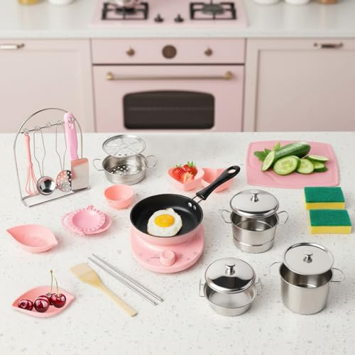 Kids Kitchen Accessories 28PCS, Real Cooking Kids Pots and Pans Playset, Gift for Boys Girls Toddlers 6+, Cooking Utensils with Induction Cooker-Wok-Dumpling Maker-High Pot-Knife-Soup Pot