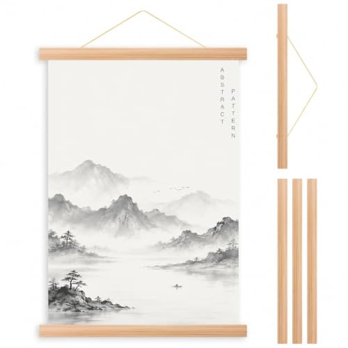 Foppla Gancio per poster, cornice in legno per poster, 4 pezzi, asta magnetica per poster, semplice kit di ganci in legno di teak, con corda per appendere, decorazione interna per casa, dormitorio