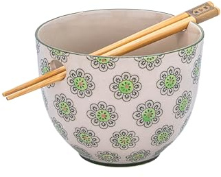 Sass & Belle Geometric Print Green Noodle Bowl with Chopsticks - Ceramic Ramen Bowl Set for Japanese Food, Stylish Sass and Belle Dinnerware, Ideal for Noodles, Ramen, Soup or Gifting