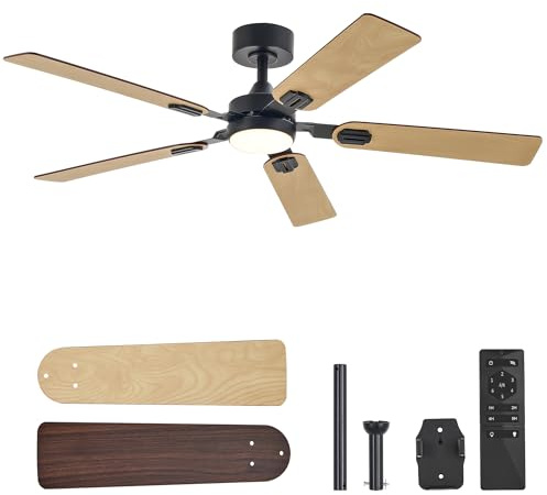 VONLUCE Ventilador de Techo con Luz y Mando a Distancia, 132 cm, 5 Aspas, Motor DC Reversible Silencioso de 6 Velocidades, Ventilador de Techo para Cocina, Salón, Patio, Madera Clara y Oscuro