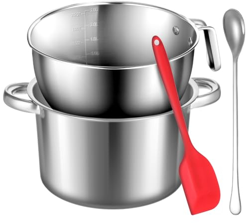 BOHUIZ 304 Stainless Steel Double Boiler with Spatula and Spoon, 4.2QT Dual-Handle Pot 2.6QT Melting Bowl with Scale and Handle Stackable Water Bath Melting Pot Set for Chocolate, Butter, Sugar, Wax