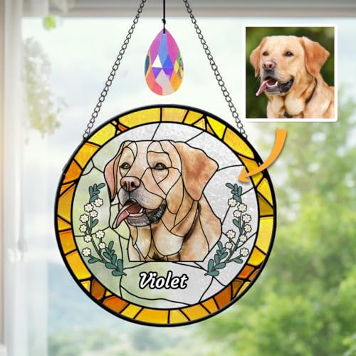 Custom Pet Portrait Stained Glass Suncatcher for Windows, Garden Hanging Ornaments, Personalised Photo Gifts Dog Cat Portrait from Photos, Pet Loss Picture Memorial Gifts for Cat Dog
