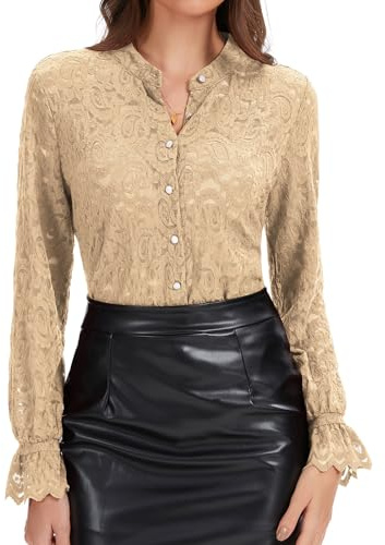 WOWENY Camicetta in pizzo da donna, a maniche lunghe, elegante, con colletto alto, in pizzo, Beige (kaki), XL