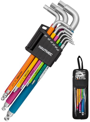 HAUTMEC Juego de llaves Allen con extremo de bola, juego de 9 llaves hexagonales de brazo extralargo, juego de llaves Allen S2 de acero resistente, 1/16 a 3/8 pulgadas, funda codificada por colores