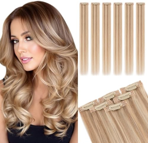 MY-LADY Clip in Extensions Echthaar 6 Stück, 25cm Haarverlängerung Natürlich, Single Clip Hair Extension Highlights für Frauen Damen Glatt Goldbraun&blond(#12P613, 31g)