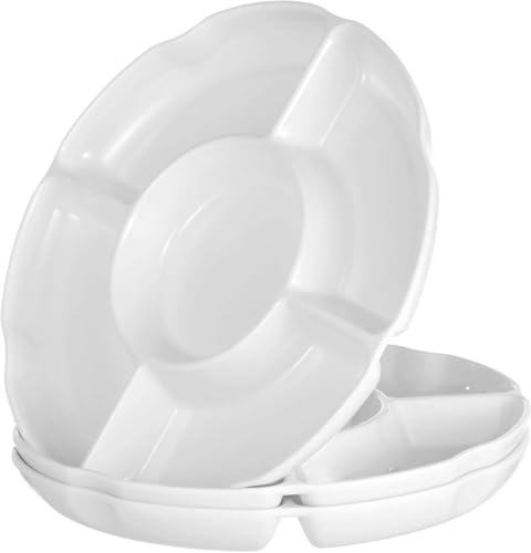 Lot de 3 plateaux de service divisés avec compartiments, plateau à goûter en plastique blanc de 33 cm, plateaux de service ronds en mélamine de qualité pour les fêtes, plateau de service en plastique