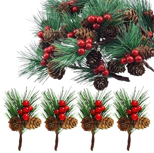 YUVKIN 10 pezzi Piccoli rami di pino artificiale con bacche rosse e pigne decorative, ghirlande, albero di natale piccolo, decorazioni per tavola di Natale e fai da te per interni ed esterni