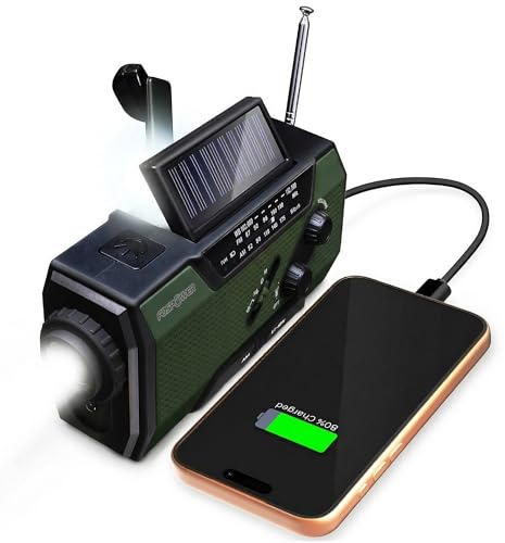FosPower Kurbelradio mit AM FM und 7400mWh Tragbare Powerbank, Grün | Notfallradio mit Solar Handkurbel Ladung, Batteriebetrieben, SOS-Alarm, und Taschenlampe für drinnen und draußen Zubehör