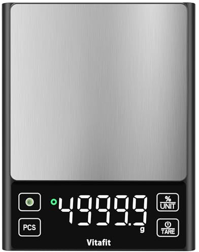 Vitafit 11lb Food Scale, High Accuracy 0.0001lb by Our Professional Factory Since 2001, Digital Kitchen Scale with% Percentage Function for for Cooking,Baking&Coffee, Stainless Steel,Big LED, Black