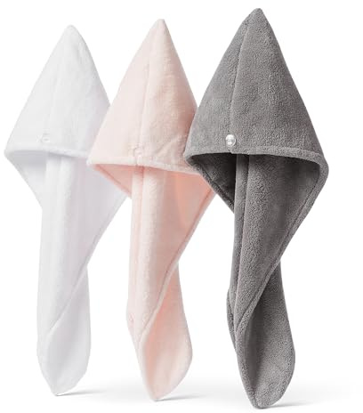 Amazon Basics Toalla de Microfibra de Secado Rápido para Secar el Pelo, Blanca/Gris/Rosa, Paquete de 3