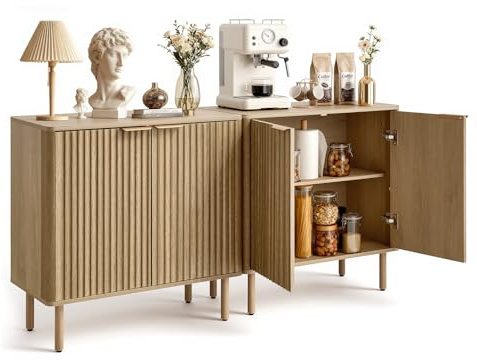 VEVOR Aparador 80 x 37,5 x 80 cm, Armario de Café, Mueble de Almacenamiento con Estantes Ajustables Puertas Acanaladas Dispositivo Antivuelco, Diseño Moderno, para Sala de Estar Cocina Entrada, Roble