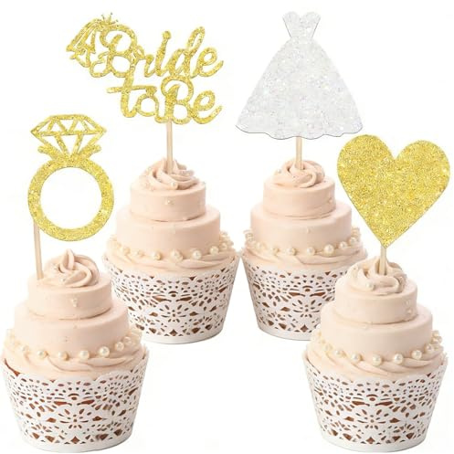 24 PCS Bride to Be Cupcake Toppers,Glitter Diamond Heart Dress Cake Toppers for Bridal Shower Engagement Hen Party Decorations,Gold