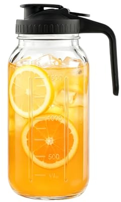 Hniuyun Milk Pitcher Jug, 64oz Airtight Glass Wide Mouth Mason Jar with Pour Spout Lid for Iced Tea, Cold Brew Coffee, Juice Storage Container (Black)