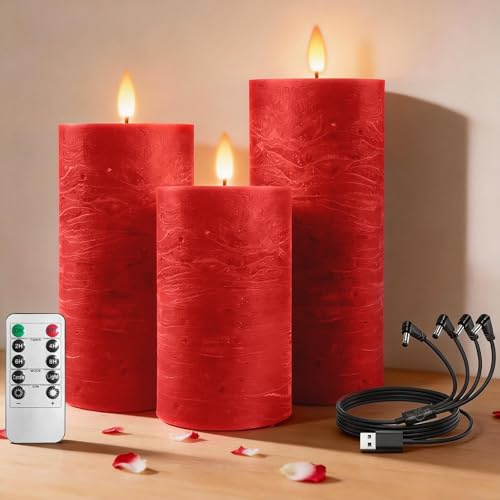 RosMank 3er Set LED-Kerzen, mit 10-Tasten-Fernbedienung, Flammenlos, aus Echtem Wachs, Dekoration für Weihnachten, Geburtstag, Hochzeit und Party (Rot)