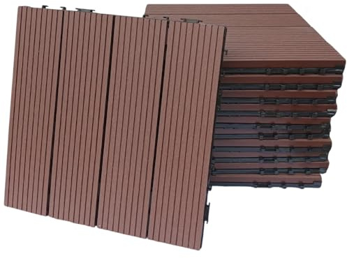 Azulejos de exterior empotrados WPC para suelos drenantes terraza, balcón, jardín, piscina, efecto madera antideslizante base de PVC (marrón, 11 unidades)