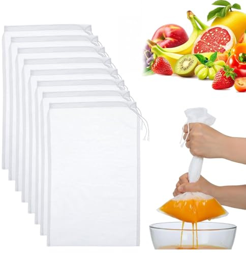 8 sacchetti per latte di noce, riutilizzabili, 20 x 30 cm, in nylon intrecciato fine con coulisse, sacchetto filtro lavabile per latte di mandorle, formaggio, caffè, yogurt, succo di frutta