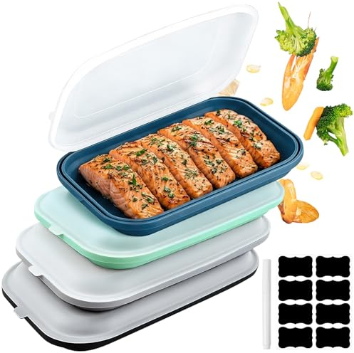 VETIXLO Juego de 4 cajas de silicona para embutidos para frigorífico – Cajas herméticas apilables con tapa transparente para salchichas y queso, 23,5x15x3,5 cm Organizador de cocina, incl. 8 etiquetas