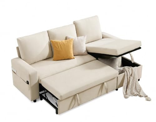 LUXOAK Geräumiges Schlafsofa mit Stauraum und ausziehbarem Bett, L-förmiges Schlafsofa mit modernem Design, 3-Sitzer-Sofa bietet Wohnzimmer und Wohnung, Weiß