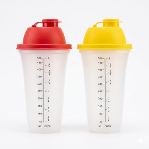 2 Shaker 50 cl ROSSO E GIALLO con Scala Graduata Bicchiere Dosatore 500 ml con Tappo ad incastro per caffe' freddo granite frullati Cocktail Proteine Pastelle Salse ed Emulsioni