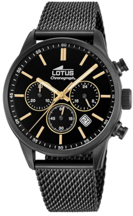 LOTUS Reloj Hombre Analógico de Acero Inoxidable 316l Negro - Movimiento de Cuarzo - Cronógrafo - Calendario - Cristal Mineral de Alta Resistencia - Resistente al Agua 5 ATM Casual 18700/2 Chrono